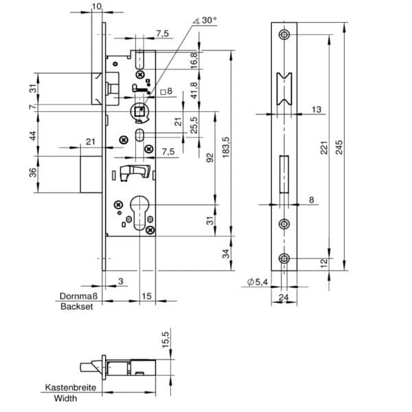 WILKA Einsteckschloss 1438-30 mm-U-Stulp-24 mm für Rohrrahmentüren